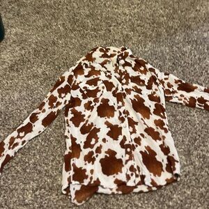 Roper Snap Front Shirt‎ Cow Print Girls Large 10-12 Rhinestone Western Sheer